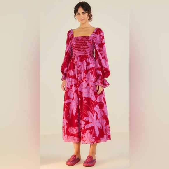 Farm Rio Floral Red and Purple Puff Sleeve Dress M - Picture 3 of 9